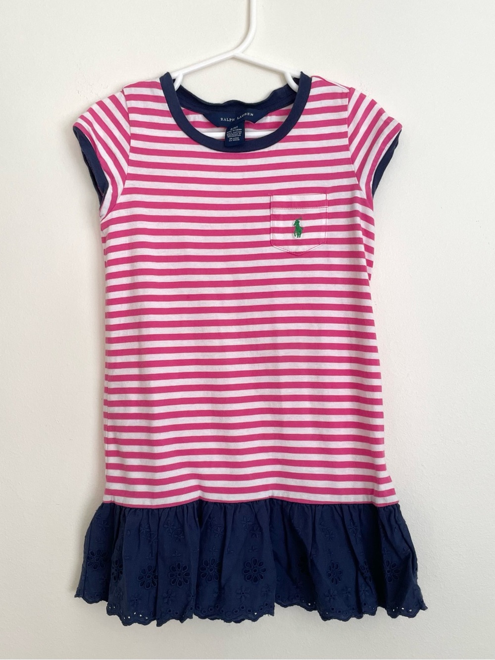 Ralph Lauren Pink & White Striped Knit Dress with Navy Eyelet Ruffle